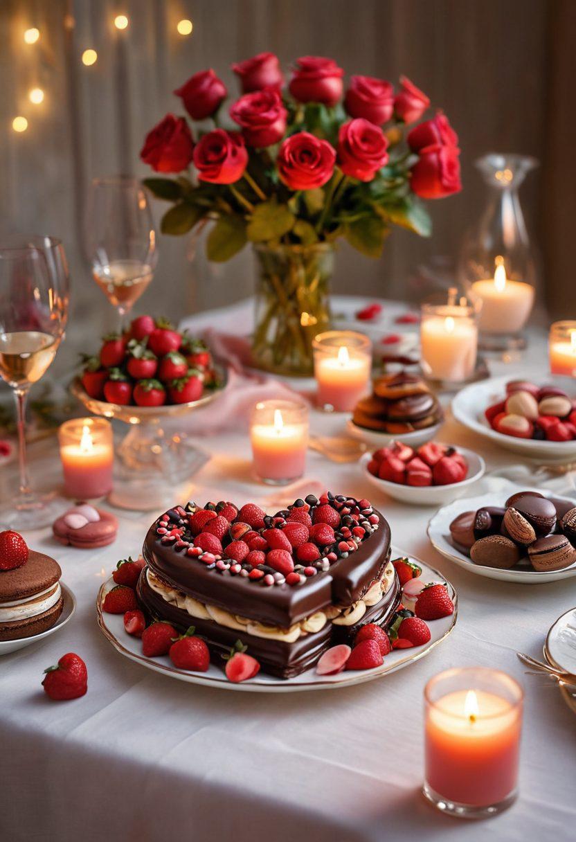 A beautifully set table with an array of romantic desserts, such as heart-shaped cakes, chocolate-dipped strawberries, and elegantly arranged macarons, surrounded by soft candlelight and delicate rose petals. The atmosphere should evoke warmth and intimacy, perfect for a celebration. Include a softly blurred background and a touch of fairy lights for a magical feel. super-realistic. vibrant colors. warm lighting.