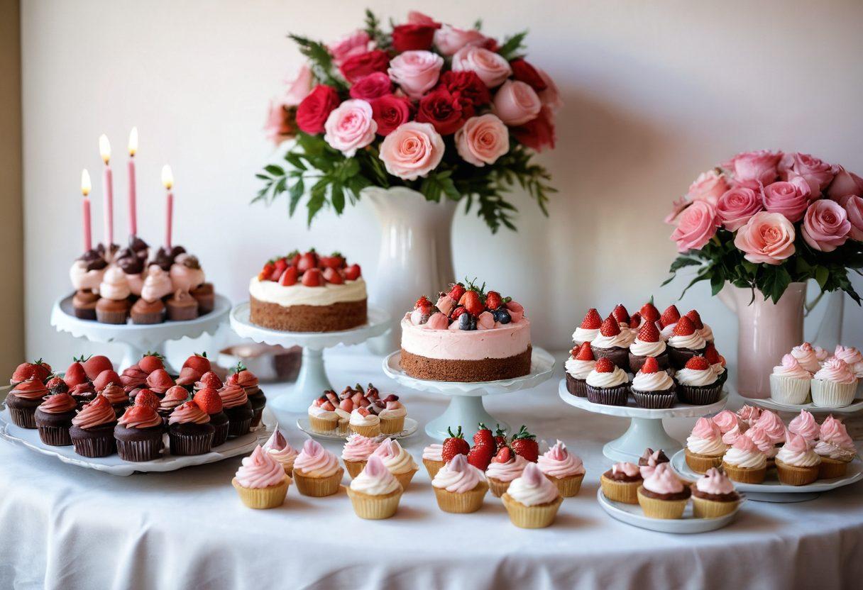A beautifully arranged dessert table featuring an array of romantic desserts, such as heart-shaped cakes, delicate cupcakes with pink frosting, and chocolate-dipped strawberries. Surrounding the table are soft pastel flowers and candles, creating a warm, inviting atmosphere. In the background, subtle hints of a cozy kitchen can be seen. The overall mood is sweet and celebratory, perfect for special occasions. vibrant colors. soft focus.