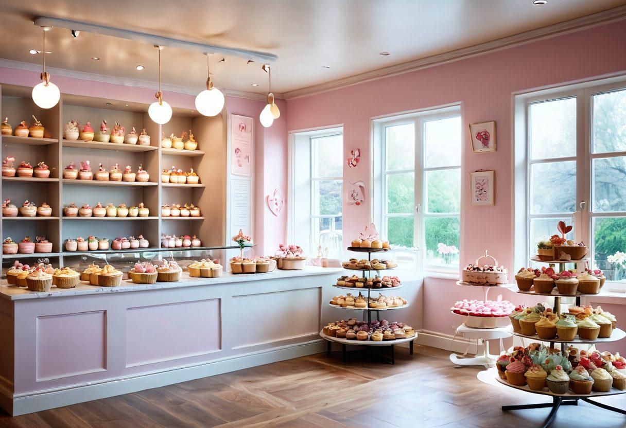 A whimsical bakery scene featuring a diverse array of cupcakes and celebration cakes, lavishly decorated for various occasions like birthdays and weddings. Include delicate pastel colors, sparkling sprinkles, and charming floral accents, with a warm and inviting atmosphere. Add a loving touch by placing heart-shaped decorations and soft lighting to enhance the cozy vibe. artistic illustration. vibrant colors. soft lighting.